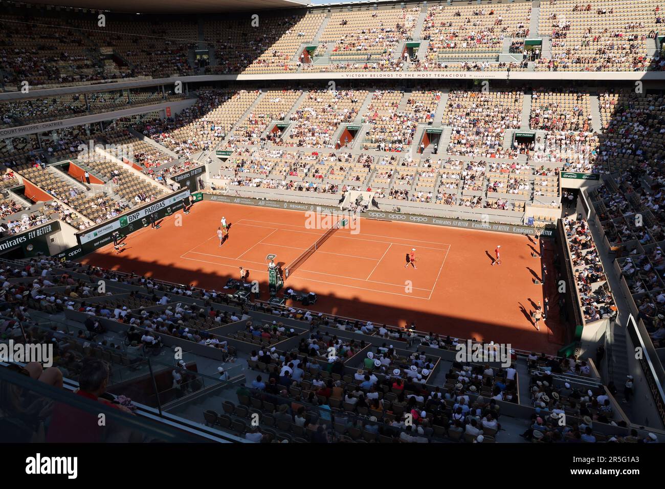 Paris, France. 03rd June, 2023. Shade covers most of the main court of Roland Garros French Tennis Open during a doubles' match in Paris, France, on Saturday, June 3, 2023. Photo by Maya Vidon-White/UPI Credit: UPI/Alamy Live News Stock Photo