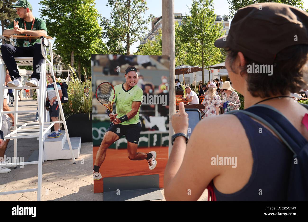 Paris, France. 03rd June, 2023. A visitor takes a picture of her partner as he stands behind a picture featuring the body of tennis star Rafael Nadal of Spain at the Roland Garros French Tennis Open in Paris, France, on Saturday, June 3, 2023. Photo by Maya Vidon-White/UPI Credit: UPI/Alamy Live News Stock Photo