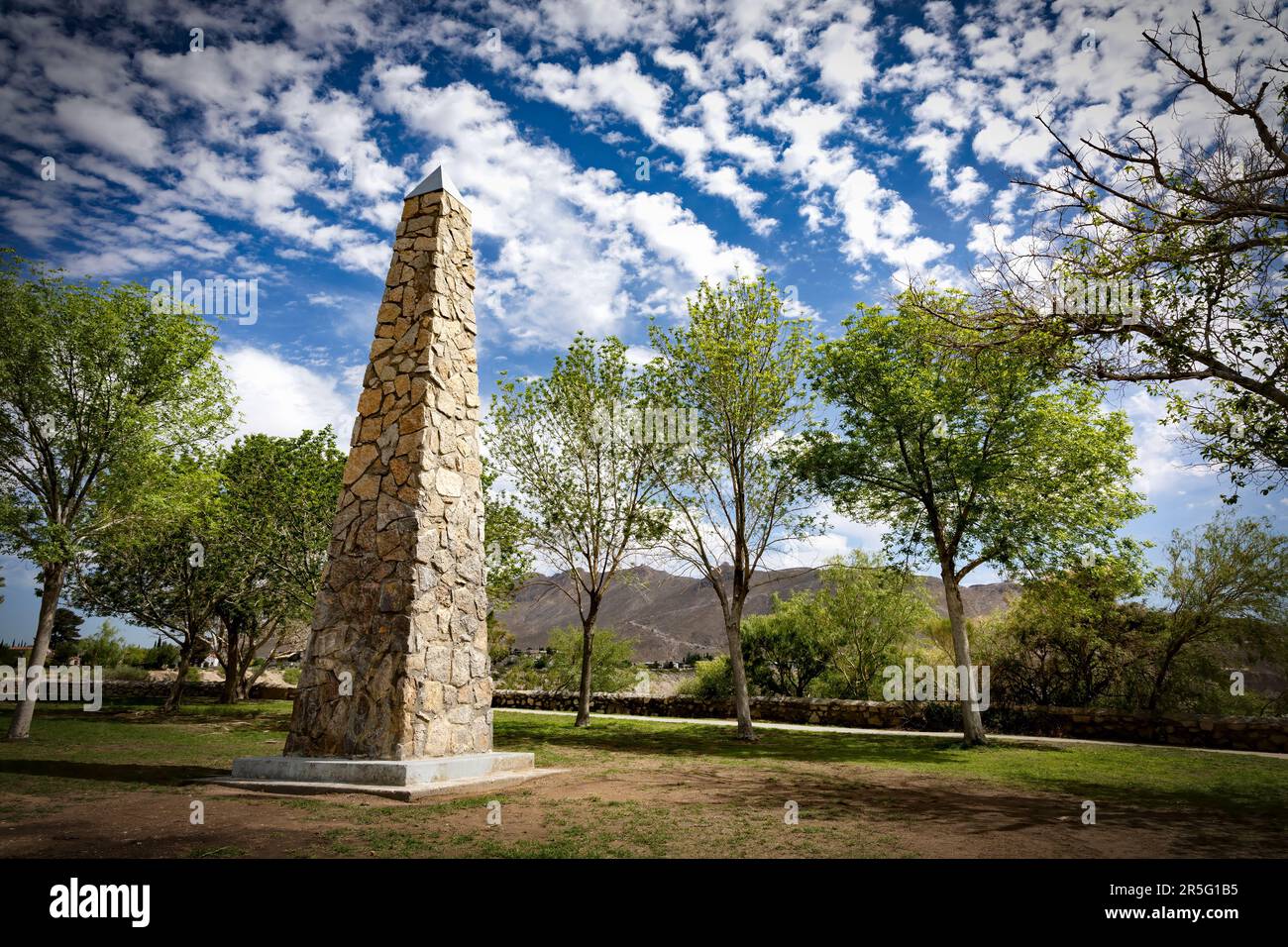 An obelisk at Tom Lea Park Upper marks the Franklin Mountains southern