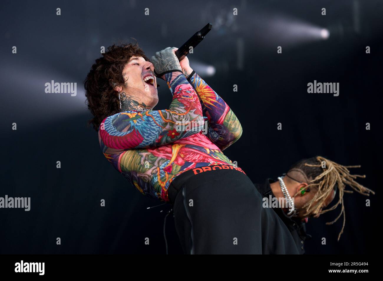Nuremberg, Germany. 03rd June, 2023. Oliver Sykes (l) of the band Bring Me  the Horizon sings at the performance of the band Machine Gun Kelly on the  Utopia Stage. Continuation of the