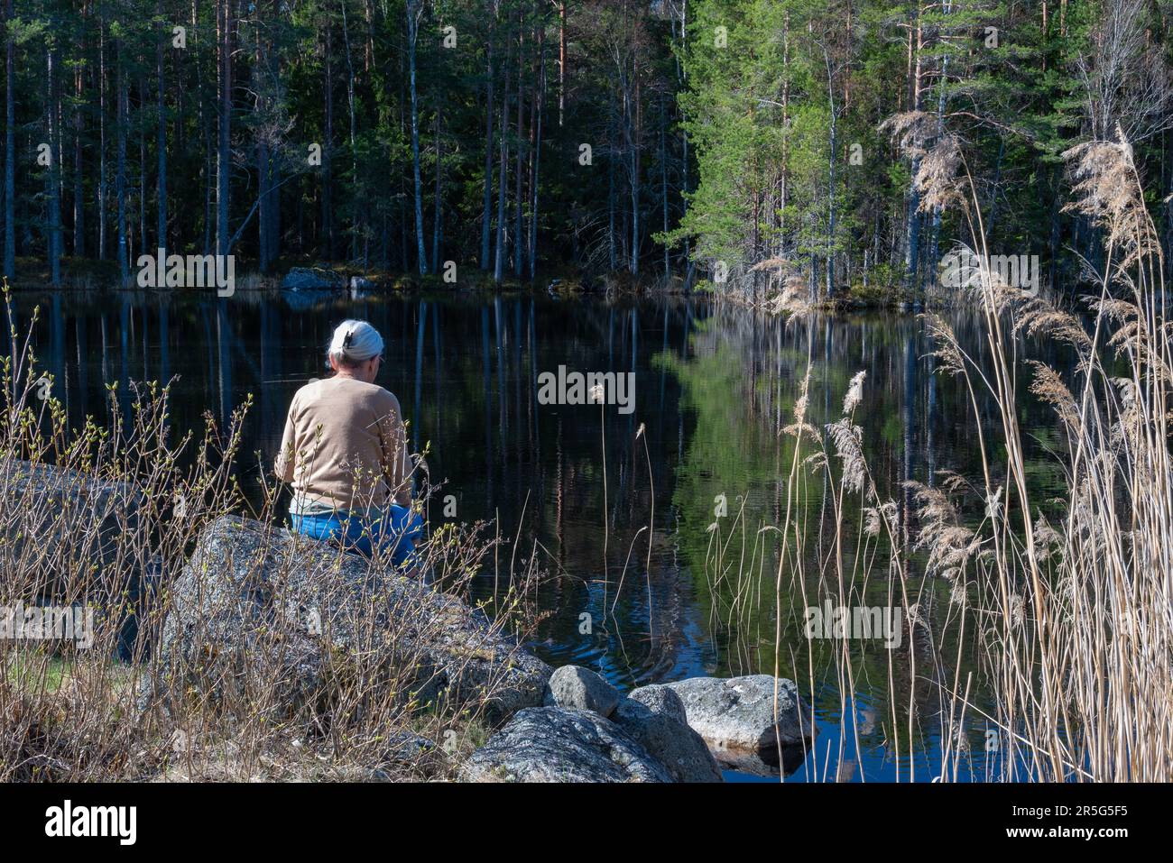 Elderly woman sits in the forest by a small pond with calm water.,  picture from the Trollharen fishing location in Ljusne Halsingland Sweden. Stock Photo