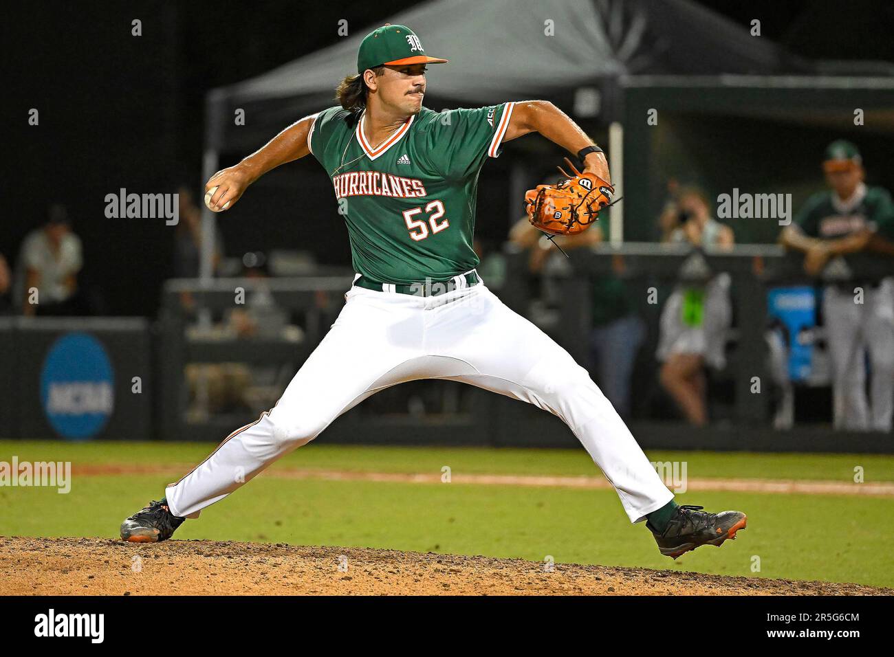 CORAL GABLES, FL - JUNE 02: Miami right-handed pitcher Sebastian Perez (52)  pitches in relief in the ninth inning as the Miami Hurricanes faced the  Maine Black Bears in the Coral Gables