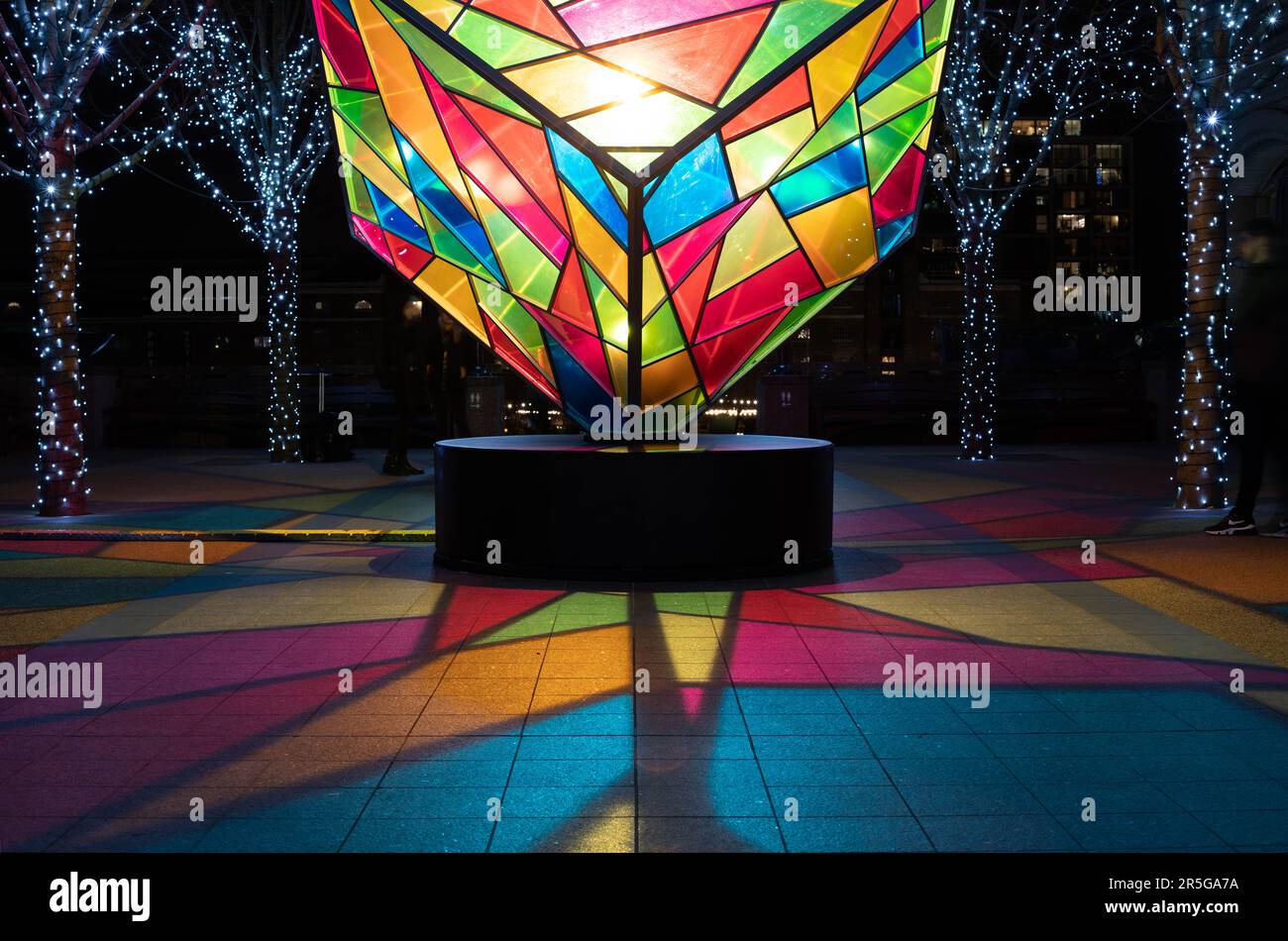 Light artwork Colour Cubed by Mandy Lights. This was part of the Connected by Light winter art light festival at Canary Wharf in 2020. Stock Photo