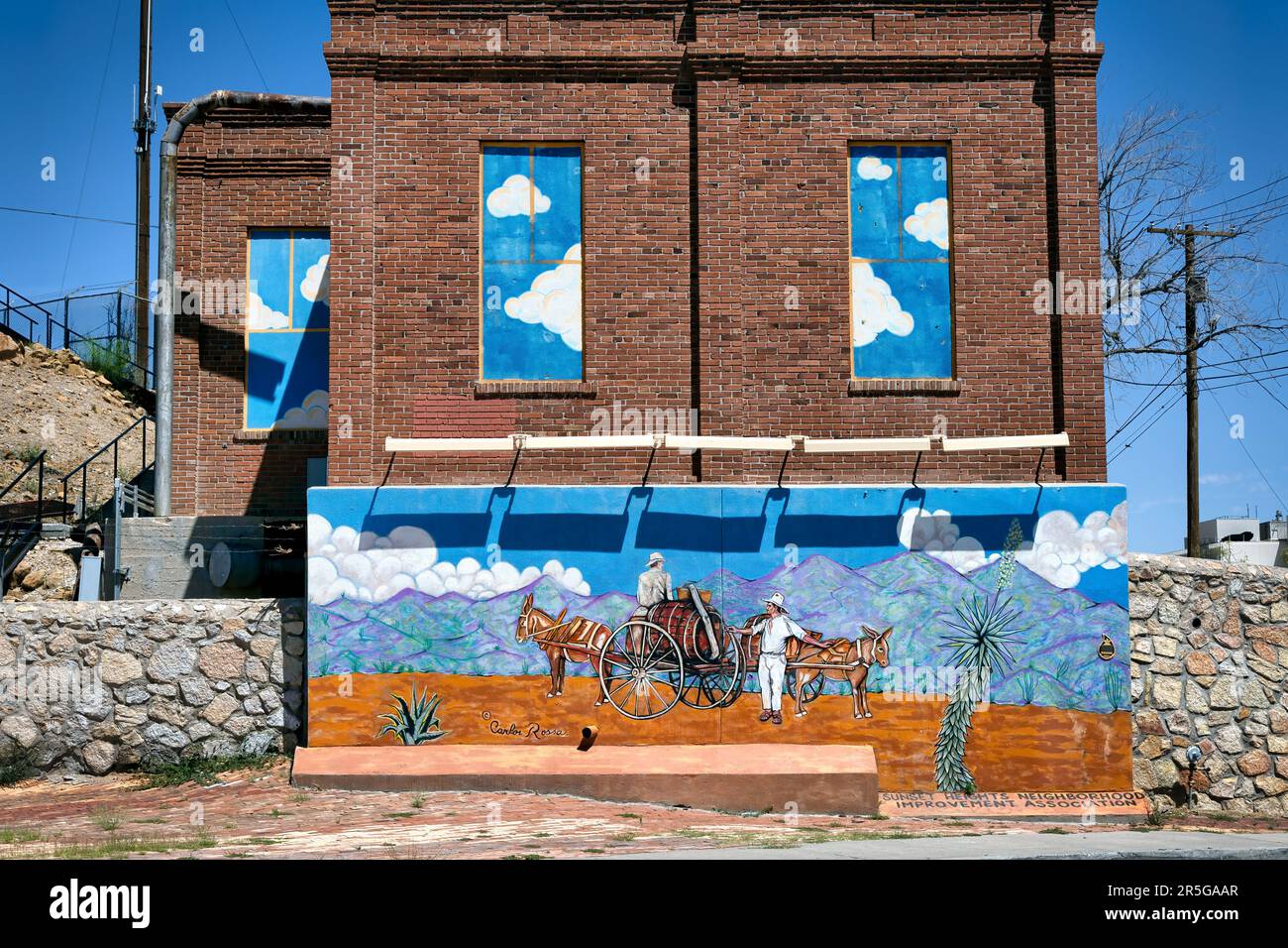 A mural by Carlos Rossas on the wall of the old Sunset Pumping Station at the Sunset Heights neighborhood in El Paso, Texas. Stock Photo