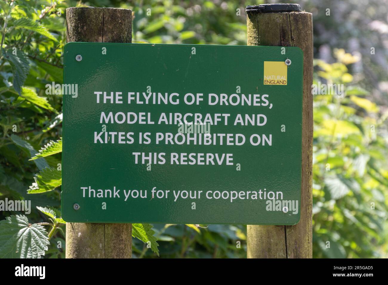Sign on nature reserve - the flying of drones, model aircraft and kites is prohibited Stock Photo