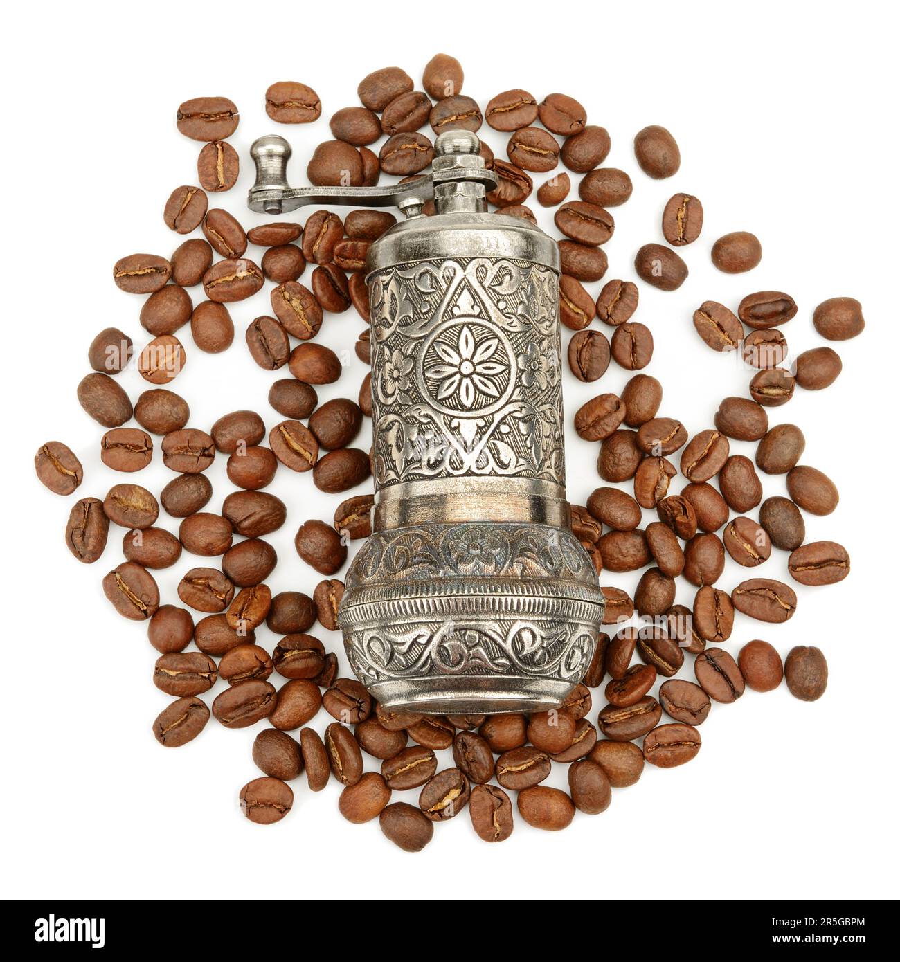 Old coffee grinder, coffee maker and roasted coffee beans isolated on white  background Stock Photo - Alamy