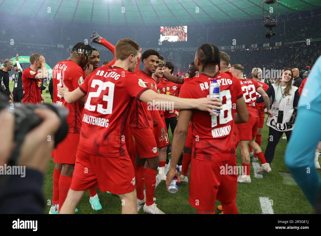 RB Leipzig players celebrate their victory in the German soccer cup