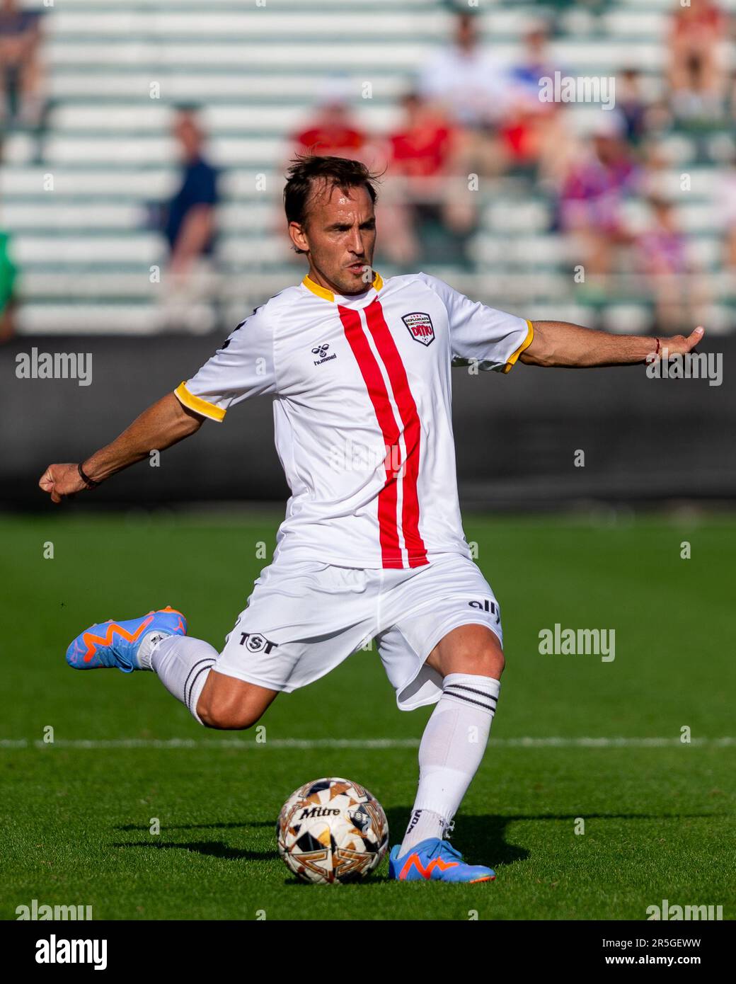 Cary, North Carolina, USA. 2nd June, 2023. 19 JOSÃ‰ FUENZALIDA GANA of the DMV Diplomats FC shooting against Newtown Pride FC at Wakemed Soccer Park, Cary NC during the TST. (Credit Image: © Paul Morea/ZUMA Press Wire) EDITORIAL USAGE ONLY! Not for Commercial USAGE! Stock Photo