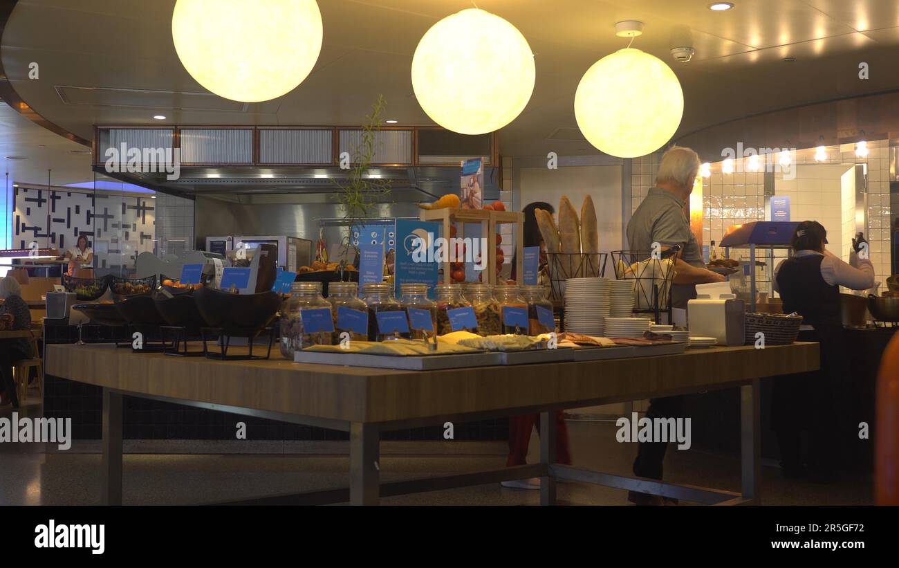 The buffet station at the KLM crown business lounge in Schiphol airport