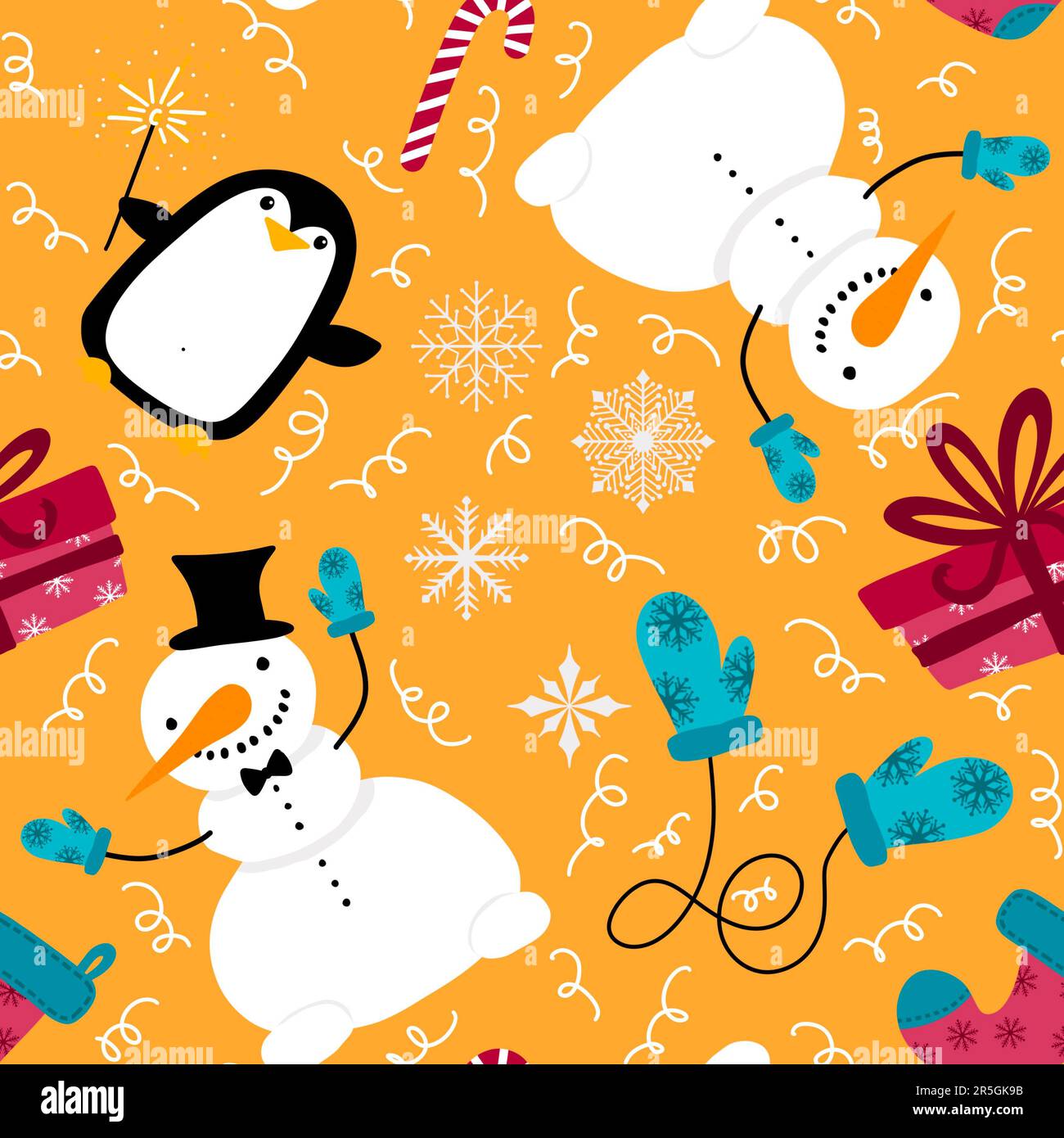 Christmas cartoon snowman seamless snowflakes and penguin and gifts box ...