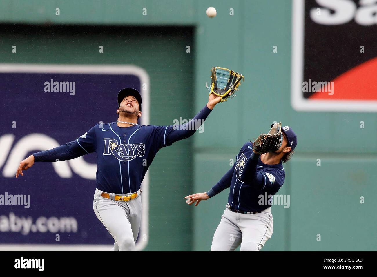 Tampa Bay Rays' Jose Siri makes the catch in front of Josh Lowe on the ...