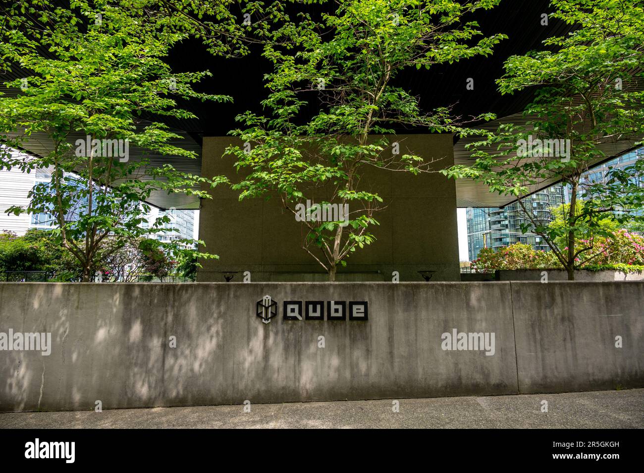 Vancouver, British Columbia - May 27, 2023: Views of the landmark Qube building in Vancouver's downtown. Stock Photo