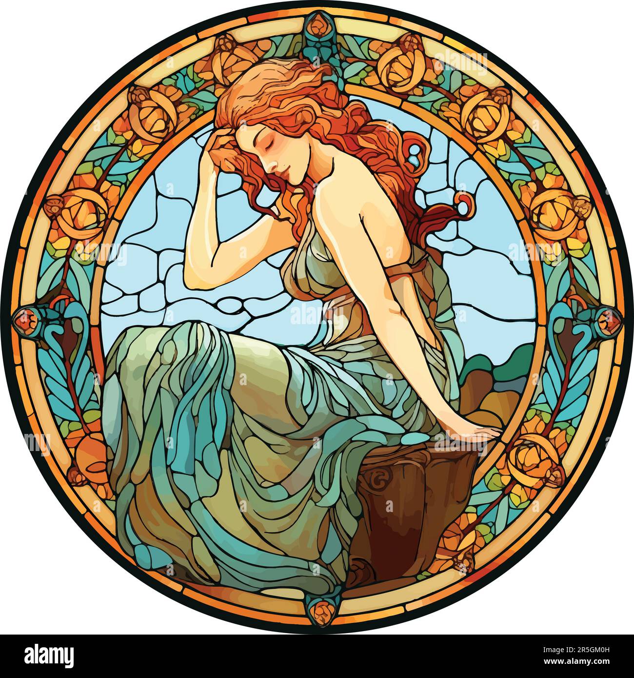 Floral stained glass motif of woman with red hair sitting in a garden