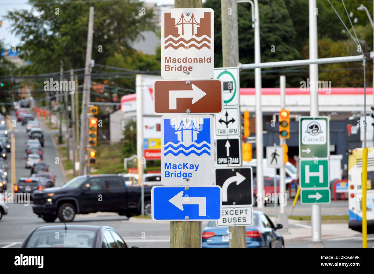 Road signs for the two Halifax harbour bridges in Halifax, Nova Scotia