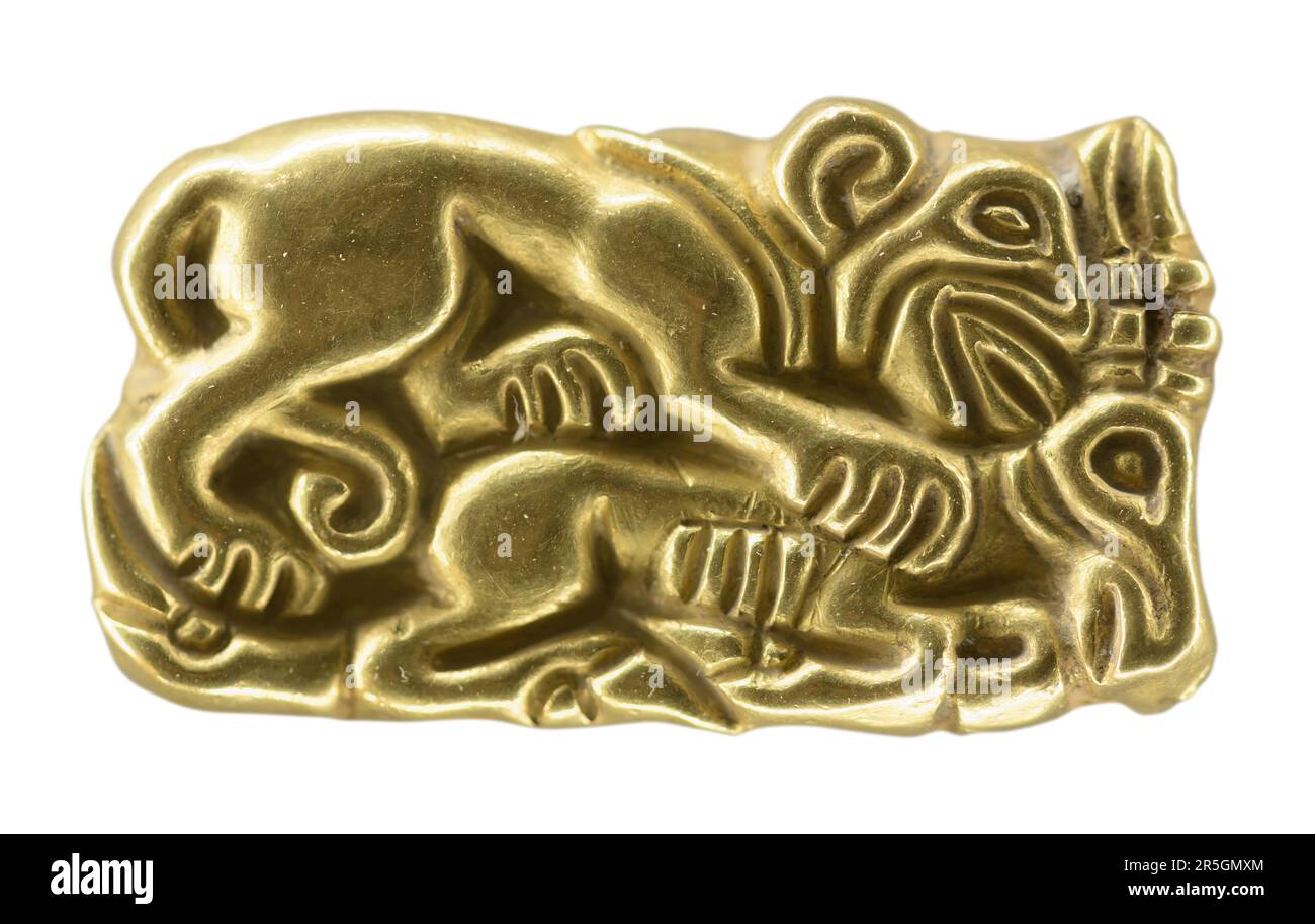 Relief gold plaque with Sarmatian-style torment scene - a lion attacking a ungulate Stock Photo