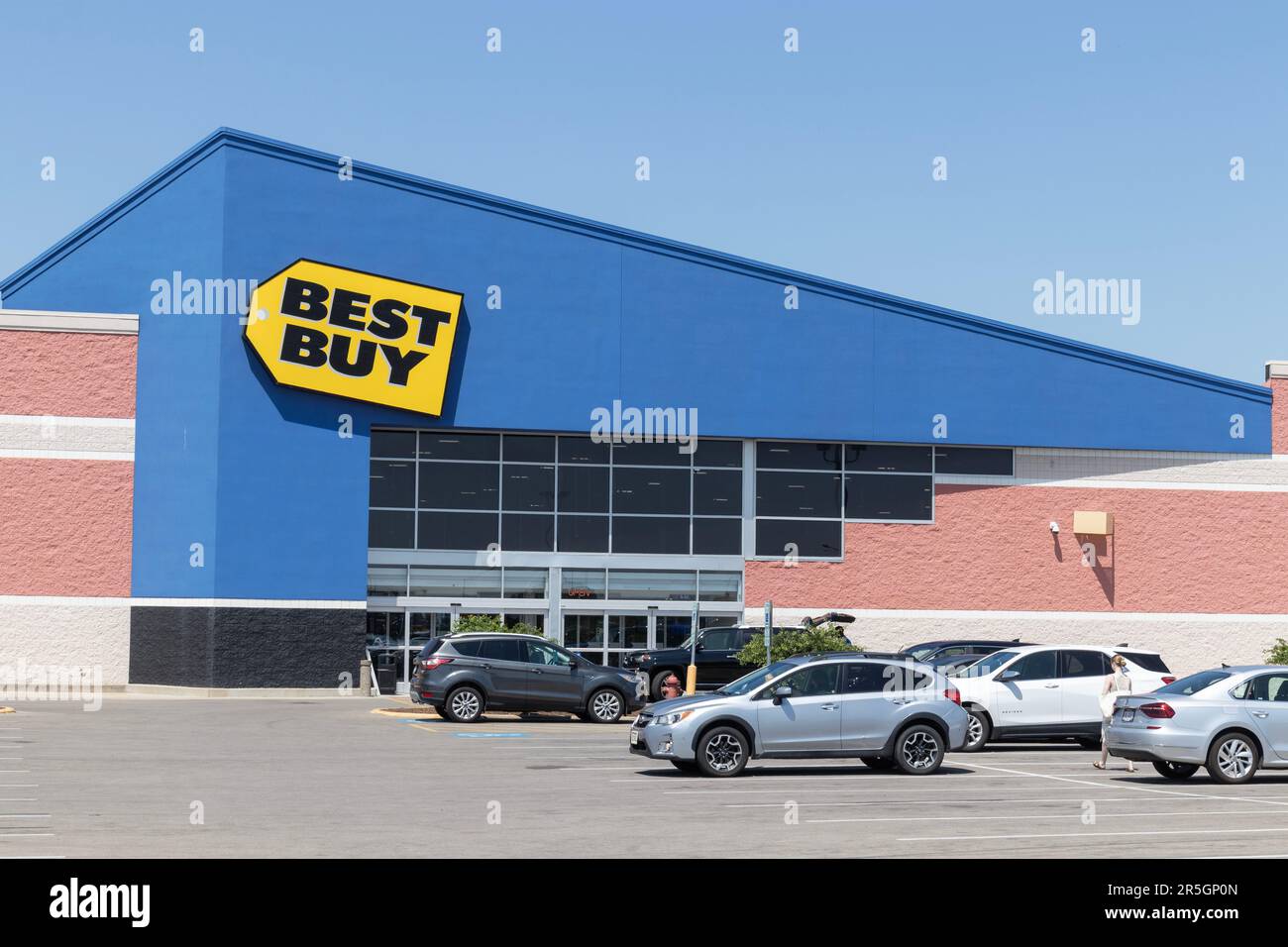 Champaign - Circa June 2023: Best Buy retail store. Best Buy sells a large array of brand-name electronics, computers, appliances and more. Stock Photo