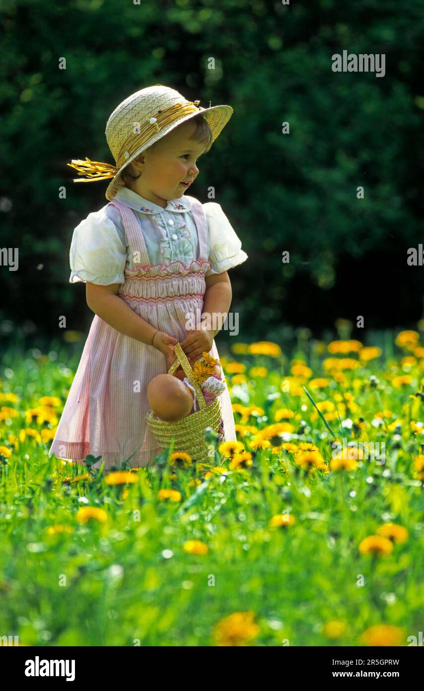 Little girl with doll in dandelion meadow Stock Photo - Alamy