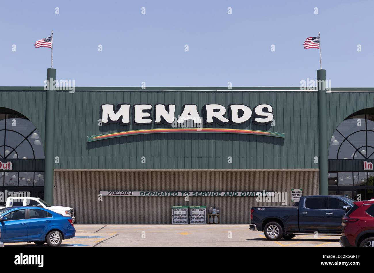 Champaign - Circa June 2023: Menards Home Improvement store. Menards sells assorted building materials, tools, and gardening supplies. Stock Photo
