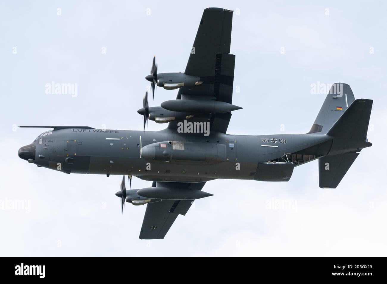 A Lockheed Martin C-130J Super Hercules military transport aircraft of the German Air Force and from the Franco-German Joint Tactical Airlift Squadron. Stock Photo