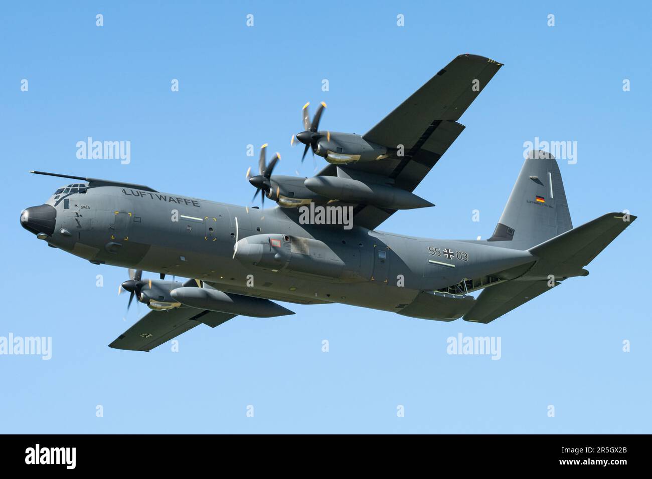 A Lockheed Martin C-130J Super Hercules military transport aircraft of the German Air Force and from the Franco-German Joint Tactical Airlift Squadron. Stock Photo