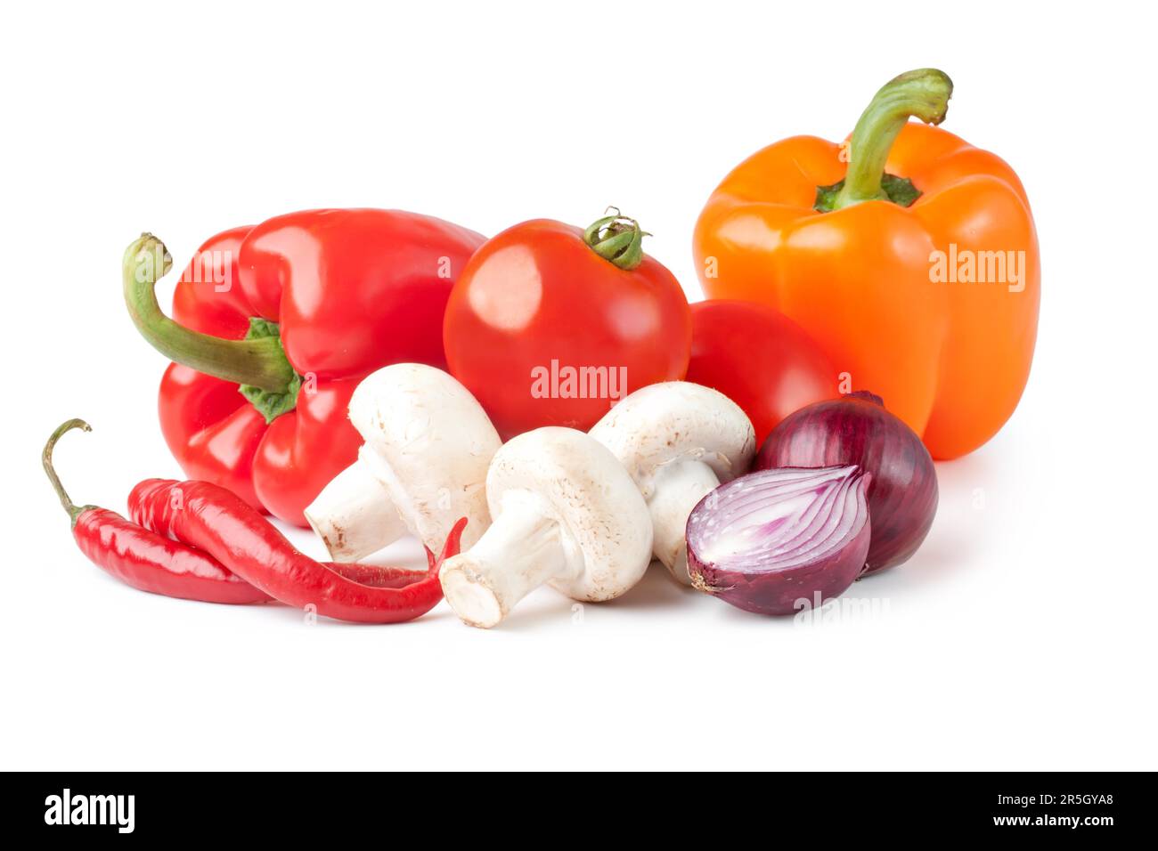 Fresh vegetable (bell pepper) (onion) (tomato) (mushroom) (pepper) Stock Photo