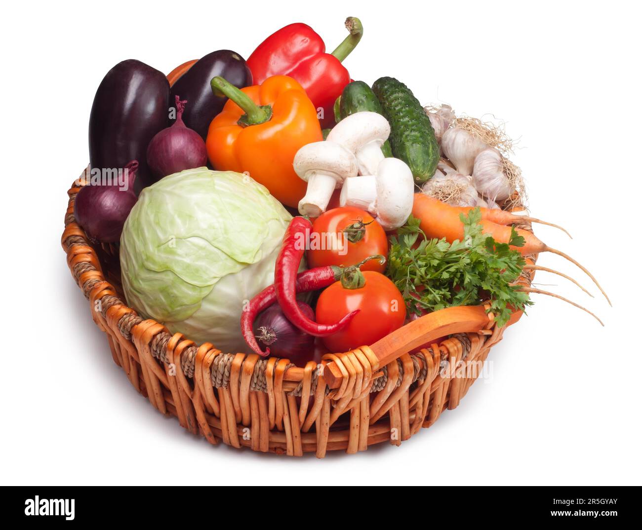 Fresh vegetable (cabbage) (cucumber) (bell pepper) (onion) (garlic) (eggplant) (carrot) (tomato) (mushroom) (parsley) Stock Photo