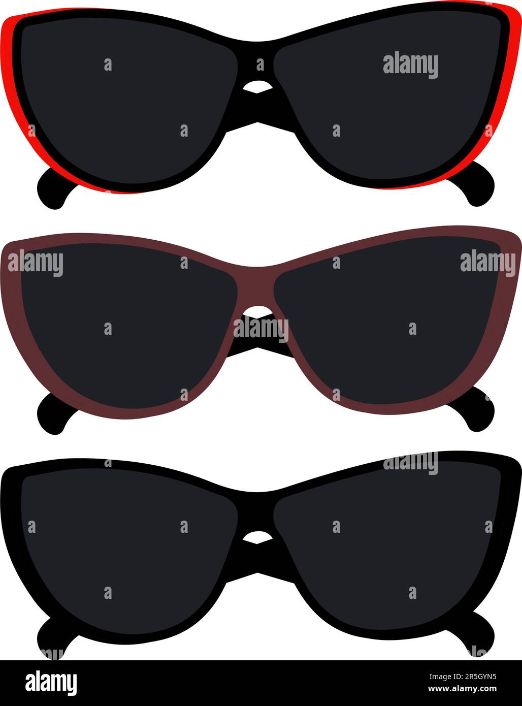 Set of 3 elegance sunglasses with dark lenses in black, red and brown frame. Sunglasses day. Design element for advertising promotion, greeting or invitation, price tag or label, brochure. Vector. EPS Stock Vector