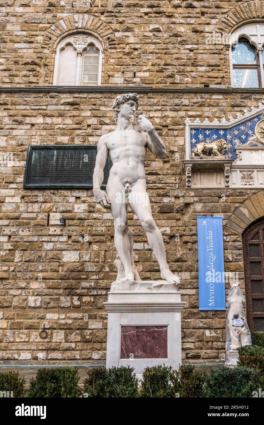 Replica reproduction statue of Michelangelo's David at the entrance of