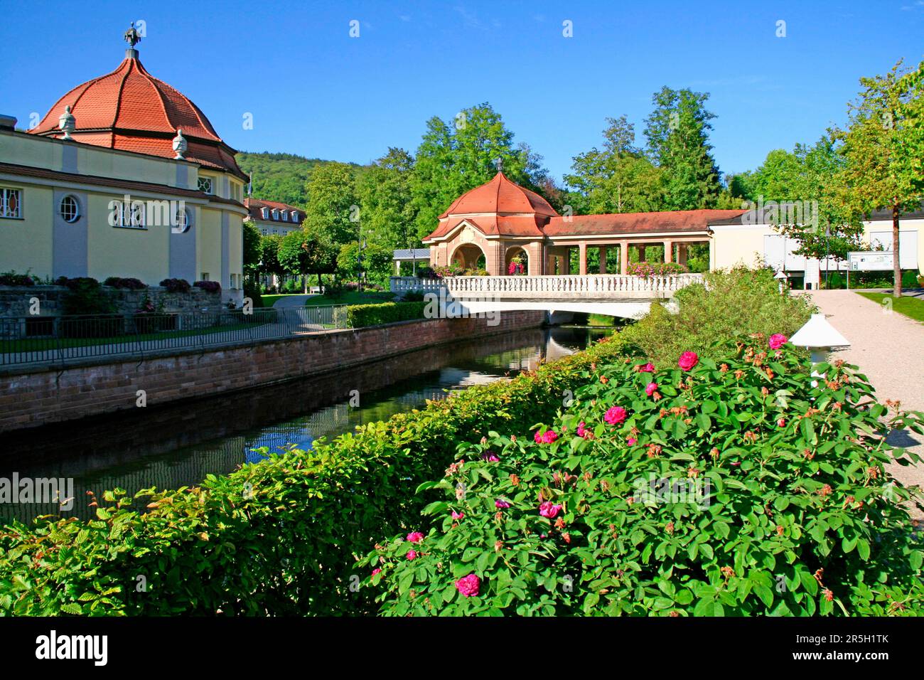 Spa park, river Sinn, pavilion, covered walkways, spa town, Bad