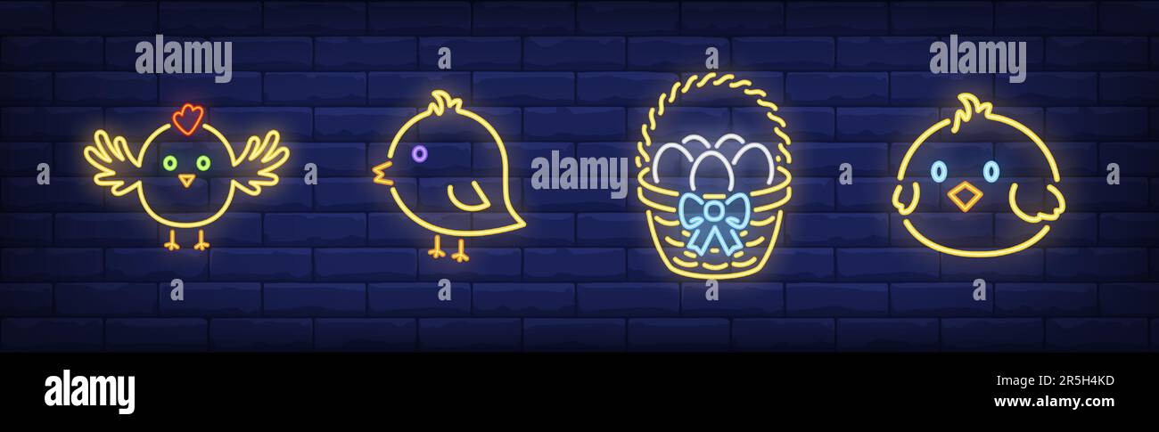 Cute spring chicken neon sign set Stock Vector