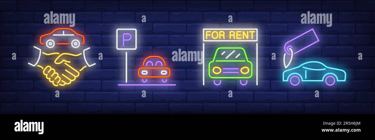 Car rent neon sign set Stock Vector