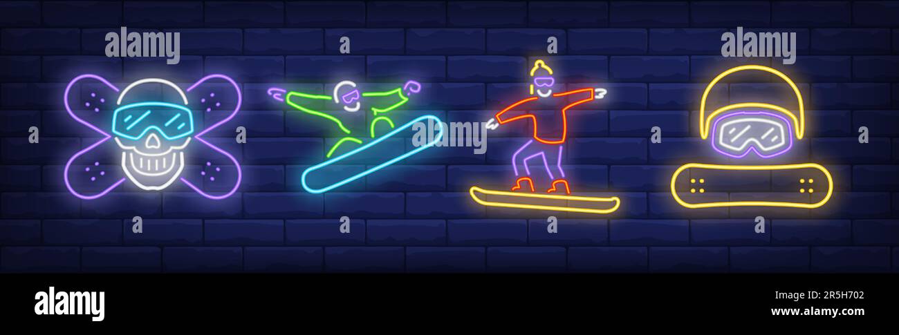 Snowboarder neon signs set Stock Vector