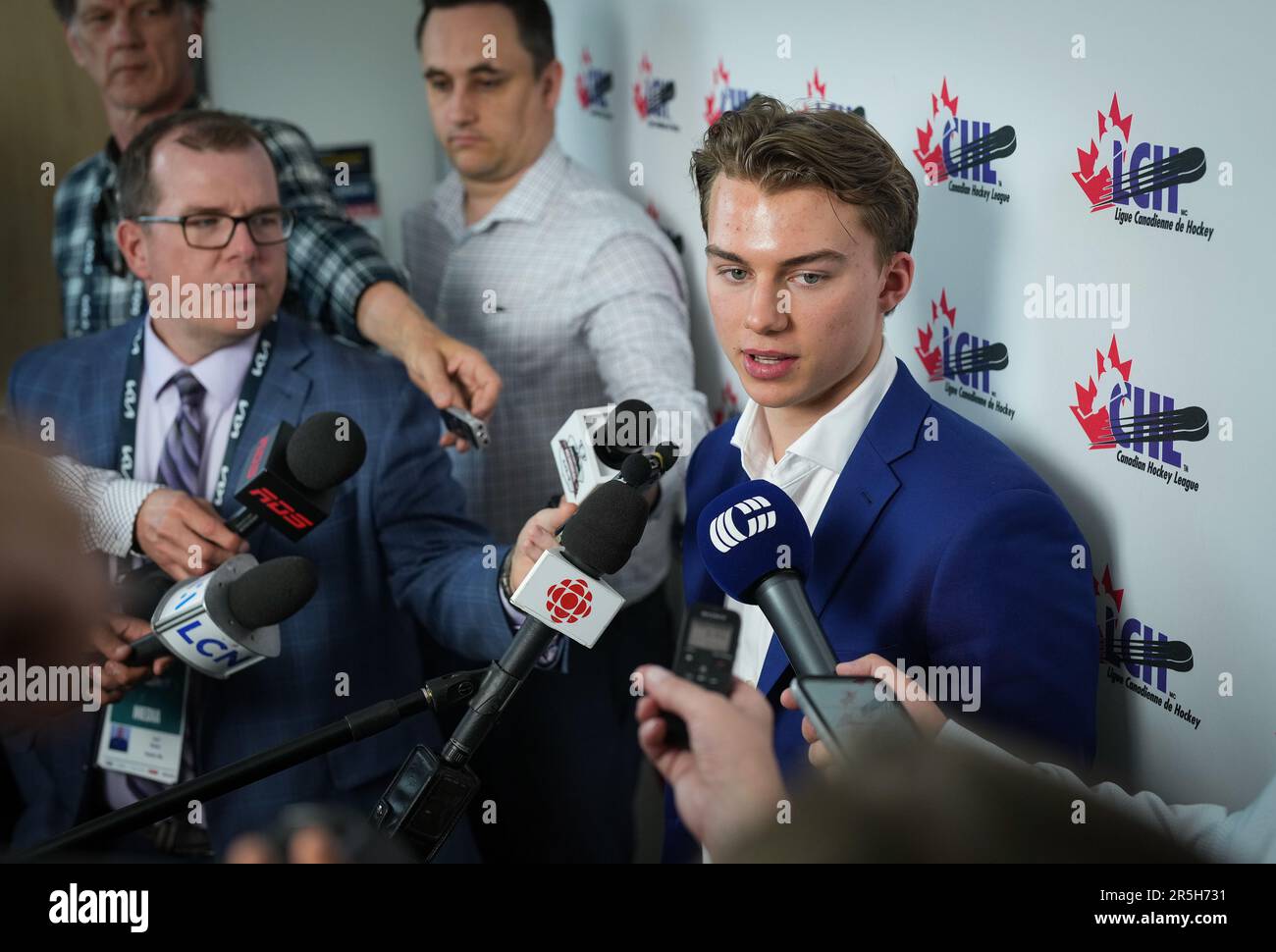 Regina Pats Connor Bedard responds to questions after taking part in a game day skate ahead of the CHL/NHL Top Prospects game, in Langley, B.C., on Wednesday, January 25, 2023