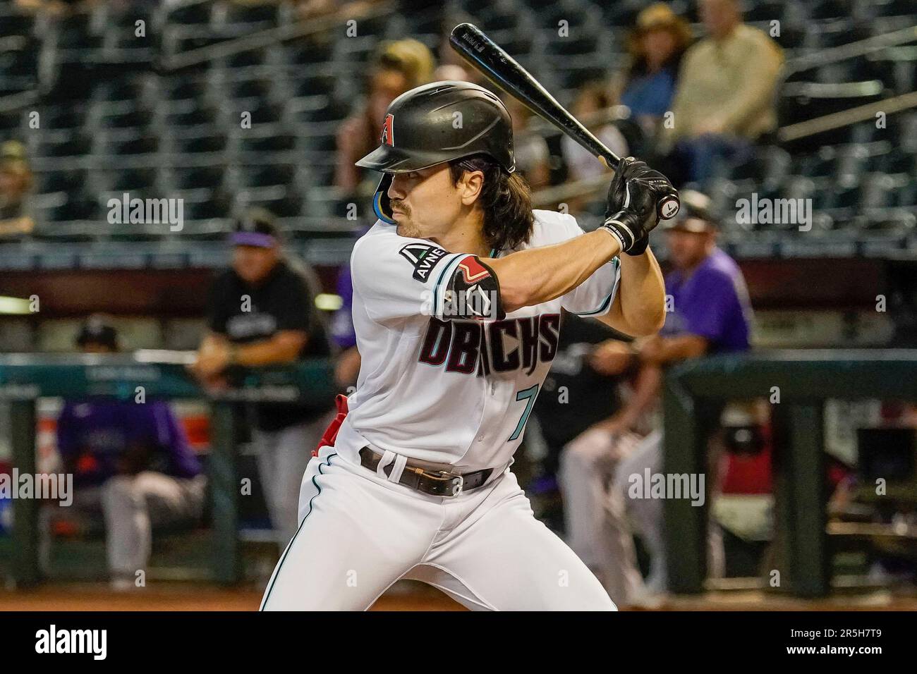 Arizona Diamondbacks' Corbin Carroll bats while playing the Colorado