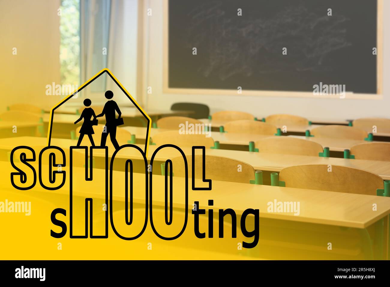 School shooting. Phrase with traffic sign against classroom Stock Photo