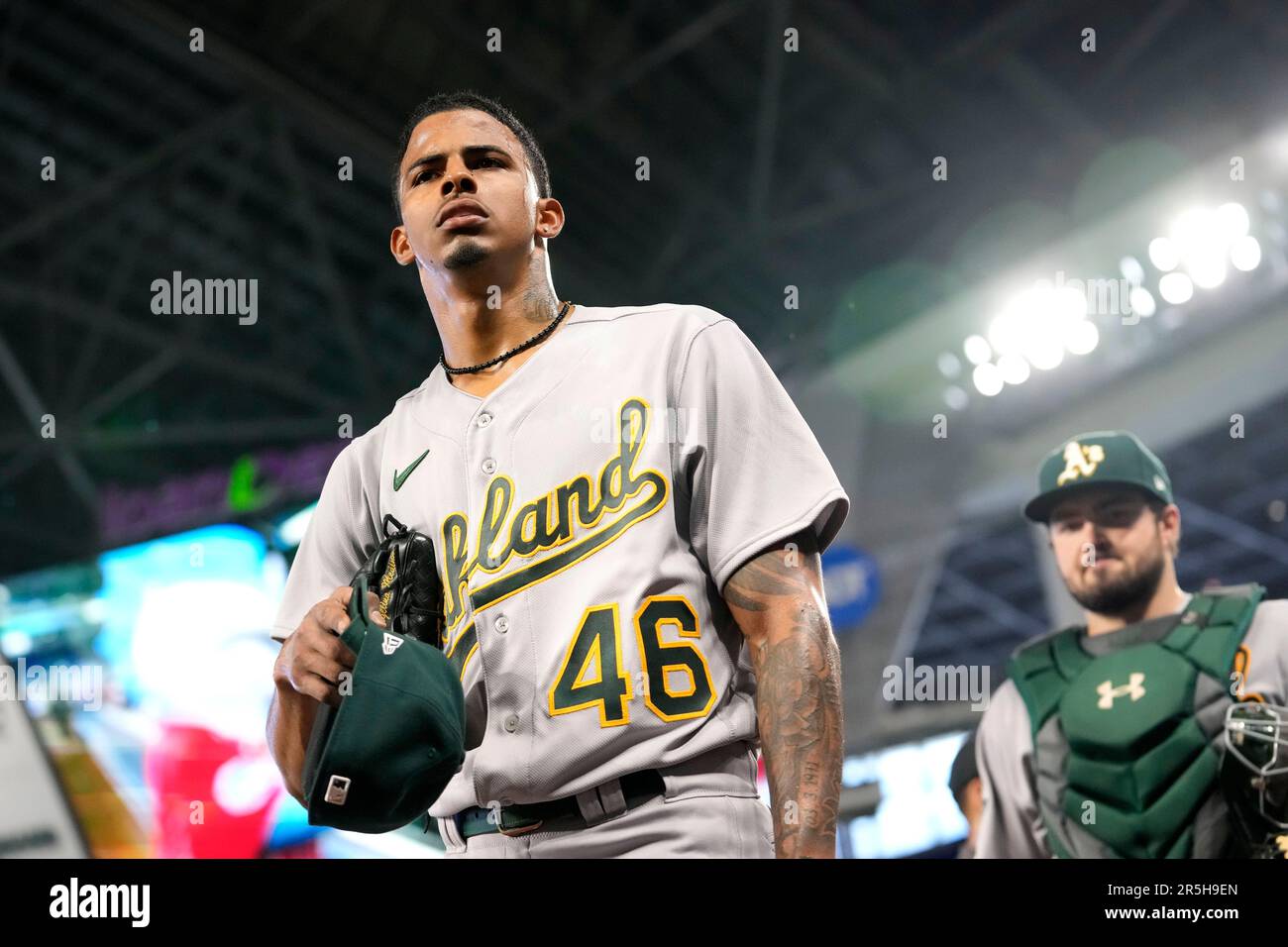 Bartolo Colon of the Oakland Athletics sits in the dugout during