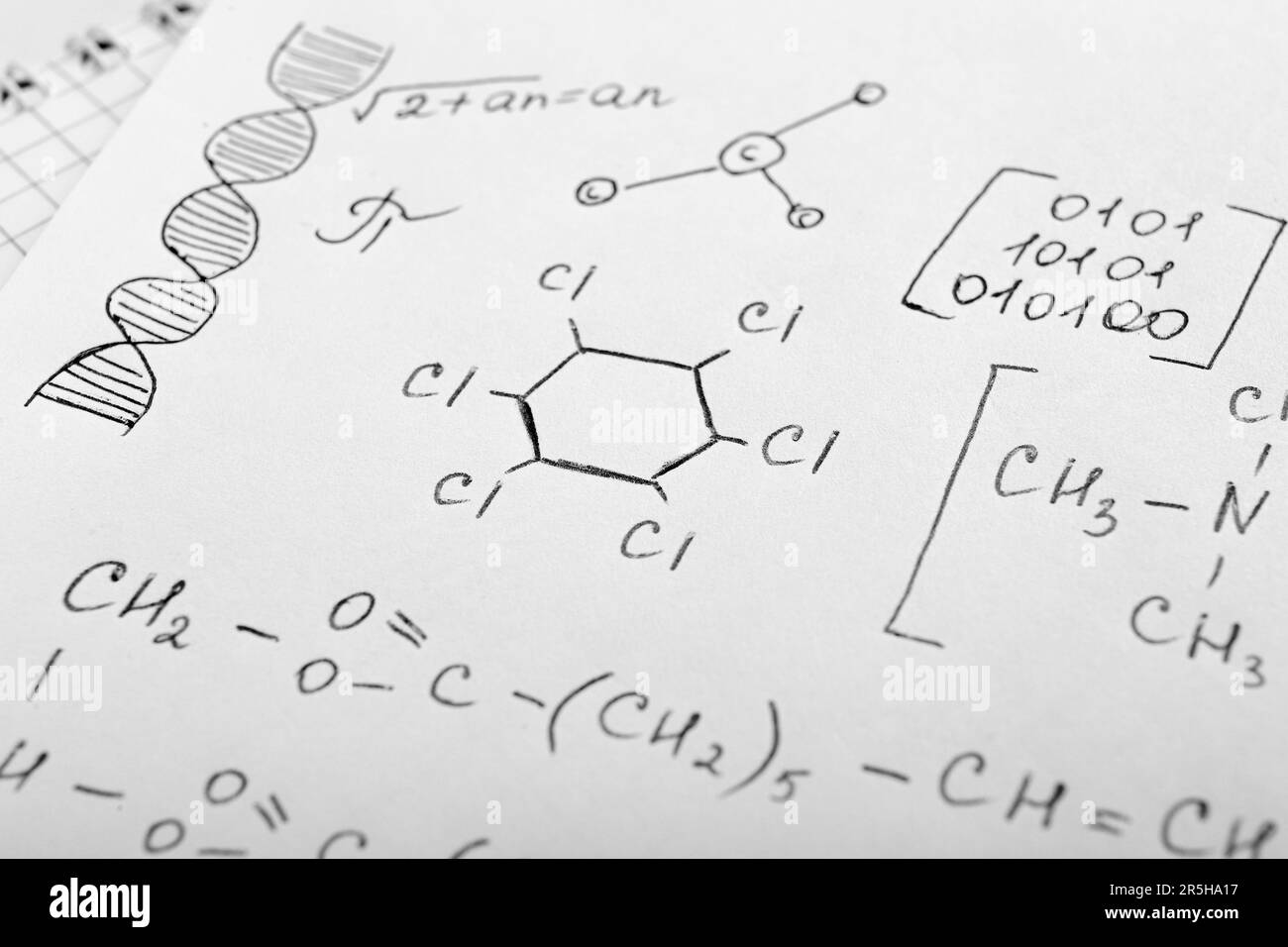 Sheet of paper with different chemical formulas, closeup Stock Photo