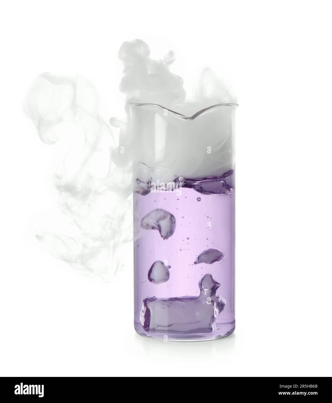 Laboratory beaker with colorful liquid and steam isolated on white