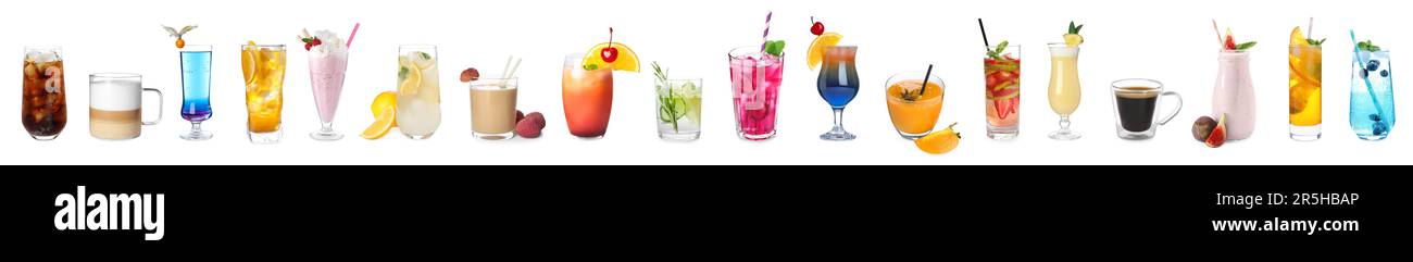Set with different refreshing summer beverages on white background Stock Photo