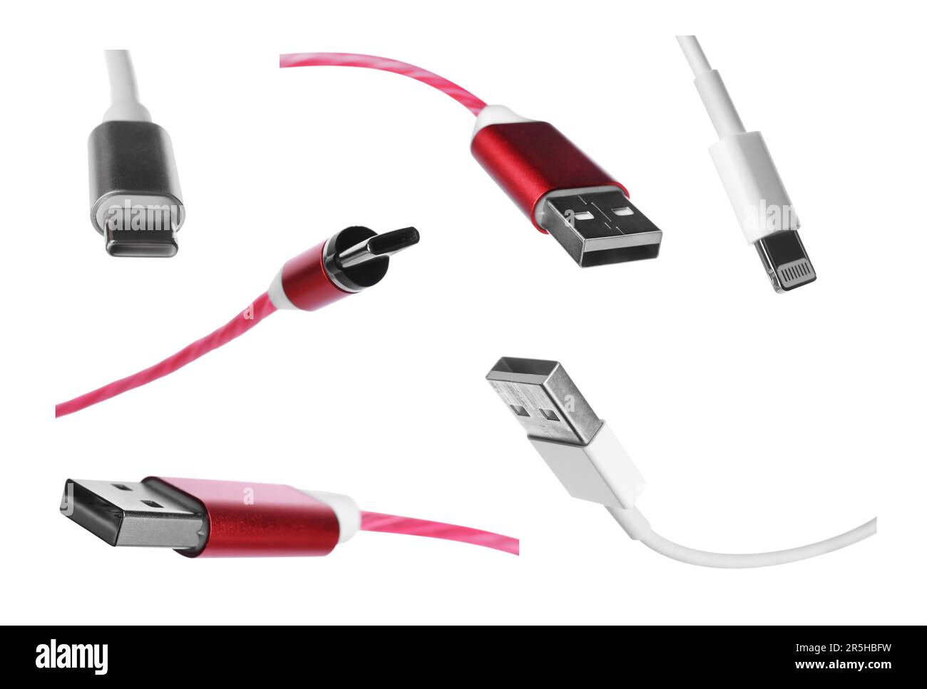 Collage of cables with USB, type C and lightning connectors on white background Stock Photo
