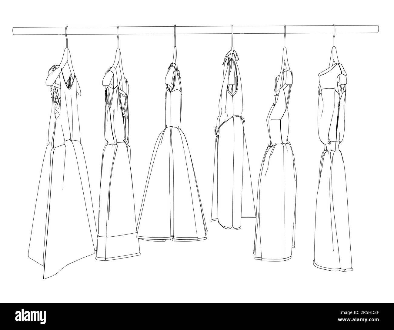 Outline of a set of women's dresses hanging on hangers isolated on a ...
