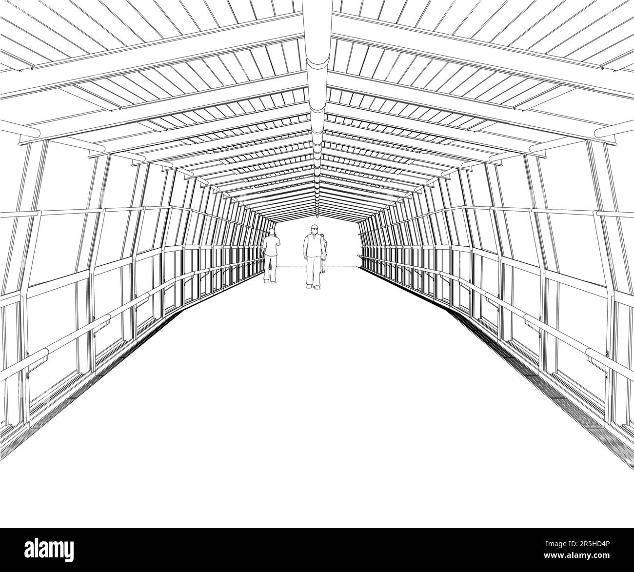 Outline of a footbridge with a roof and people walking from black lines isolated on a white background. Vector illustration. Stock Vector