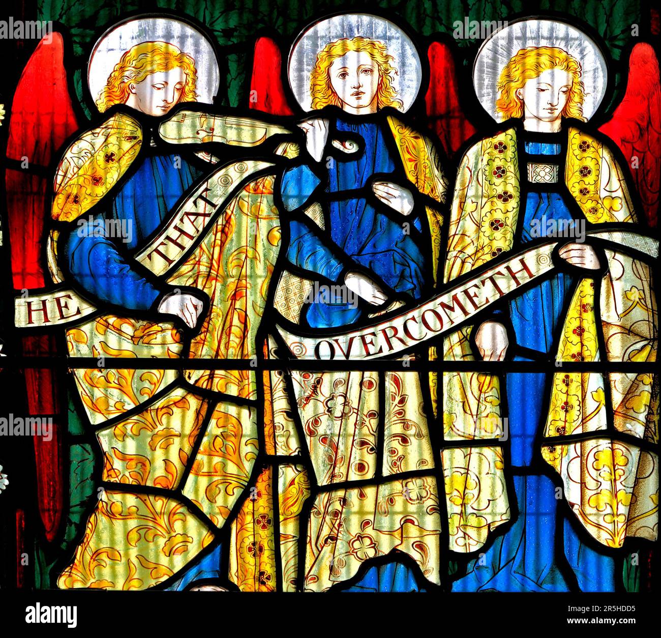 Angels, stained glass window, by Henry Holliday, 1873, pre-Raphaelite style, Stanhoe church, Norfolk, England, UK Stock Photo