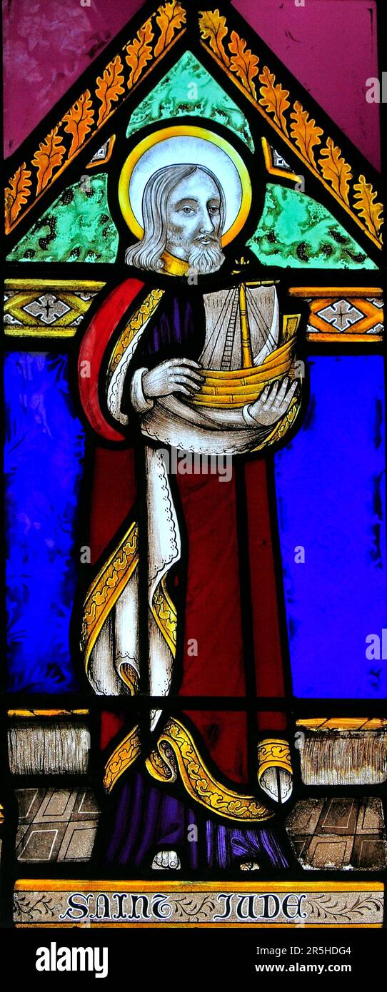 St. Jude, stained glass window, by Joseph Grant, c. 1855, Wighton, Norfolk, England, UK Stock Photo