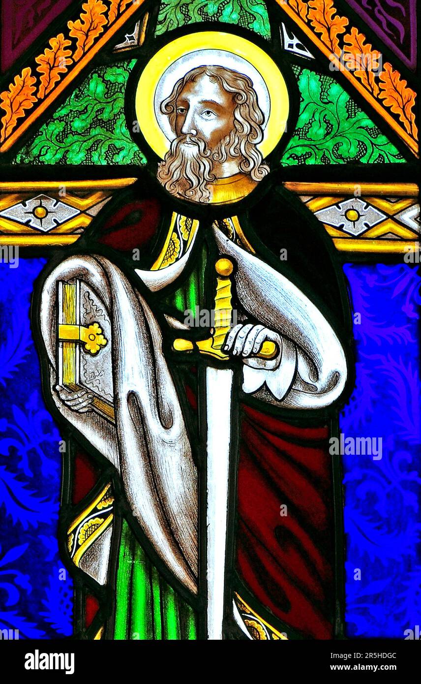 St. Paul, holding sword, stained glass window, by Joseph Grant of Costessey, 1856, Wighton, Norfolk, England, UK Stock Photo