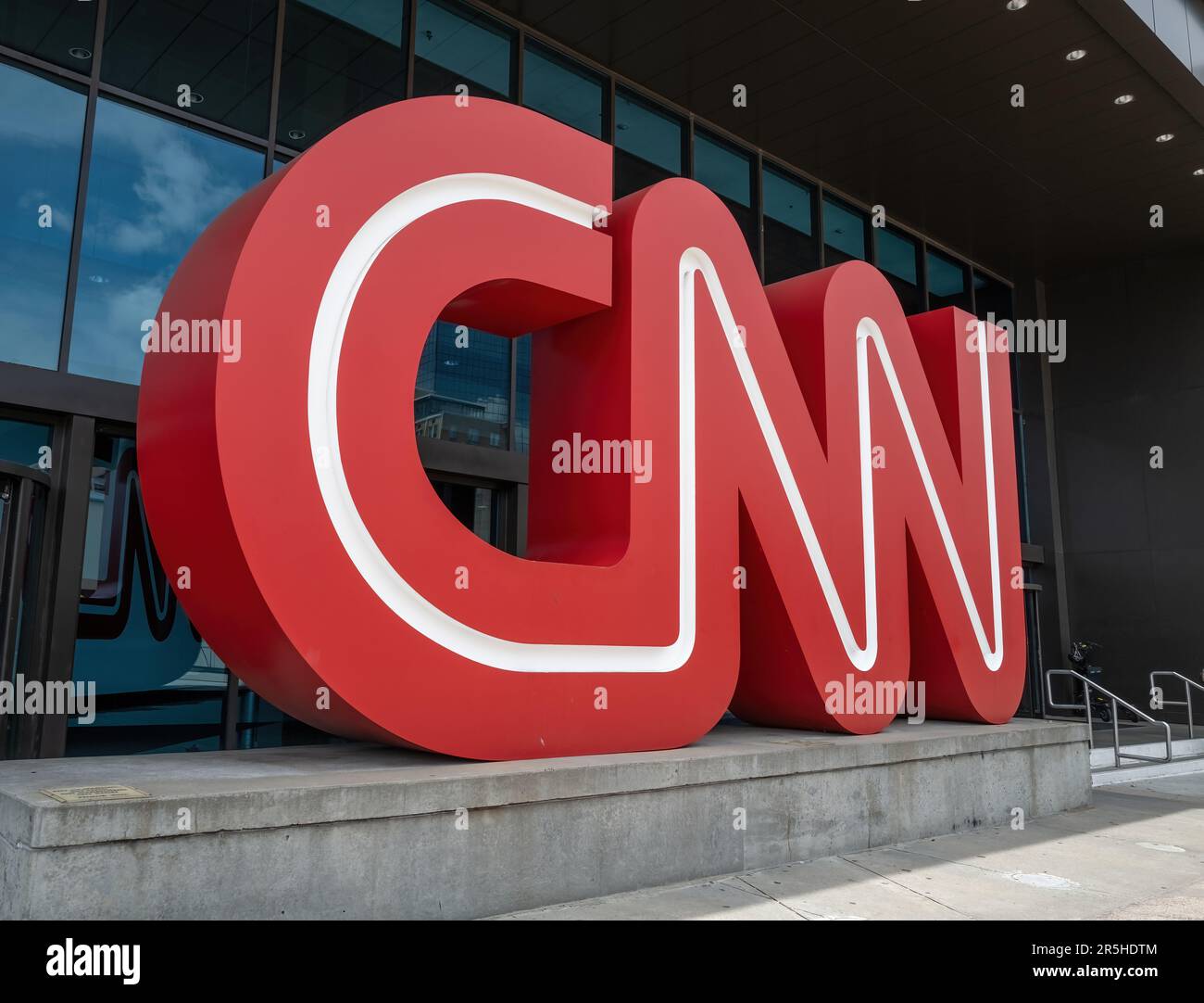 ATLANTA, GA – June 1, 2023: A sign in the form of the Cable News Network (CNN) logo is seen outside CNN Center in downtown Atlanta. Stock Photo