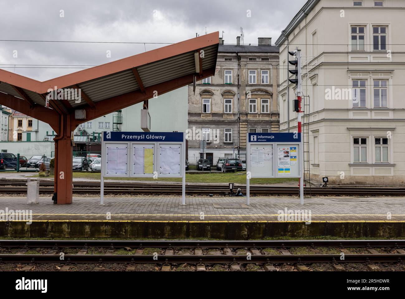 PRZEMYSL, POLAND – February 25, 2023: A platform is seen at the Przemyśl Główny railway station. Stock Photo