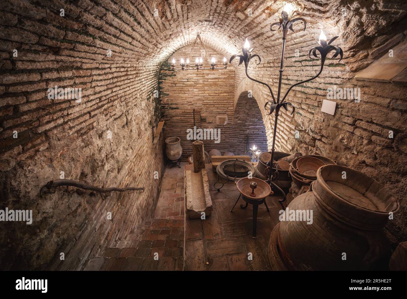 Casa Andalusi (House of Andalusia) Basement with old jars and instruments - Cordoba, Andalusia, Spain Stock Photo