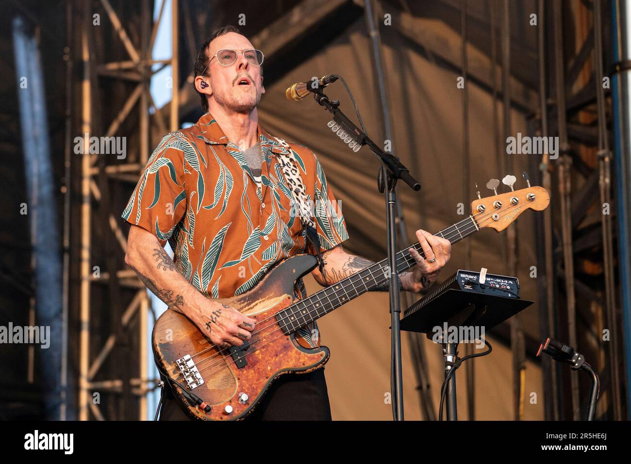 Scott Shriner of Weezer performs at Railbird Music Festival on Saturday
