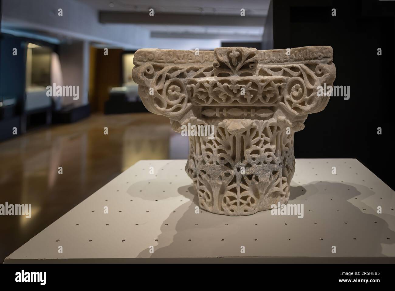 Marble Column Capital from Madinat Al-Zhara (Medina Azahara) at Archaeological Museum of Cordoba - Cordoba, Andalusia, Spain Stock Photo